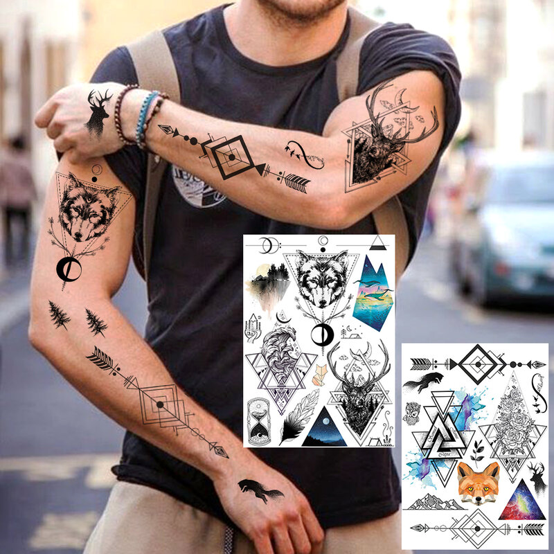 Временные татуировки с волком, треугольником, лисицей для детей и мужчин, искусственные лосины, цветы, тату для тела, рук, горных татуировок, перьев, геометрической волны