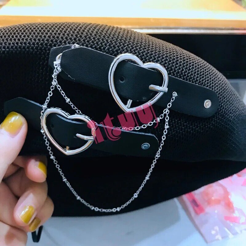 Gothic Lolita Black Punk Beret Harajuku Women Girls Summer Breathable Heart Buckle Beanie JK Hat Accessories