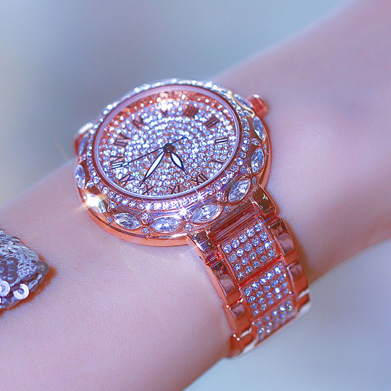 Bs novo relógio de pulso de cristal feminino, relógio inteiramente com diamantes para mulheres pulseira de quartzo 149935