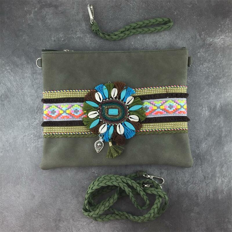Bolso de mano bohemio hippie para mujer, bolso de hombro con borlas de encaje, bordado de cuentas, bolso de algodón hecho a mano, bolsos de concha étnica nacional
