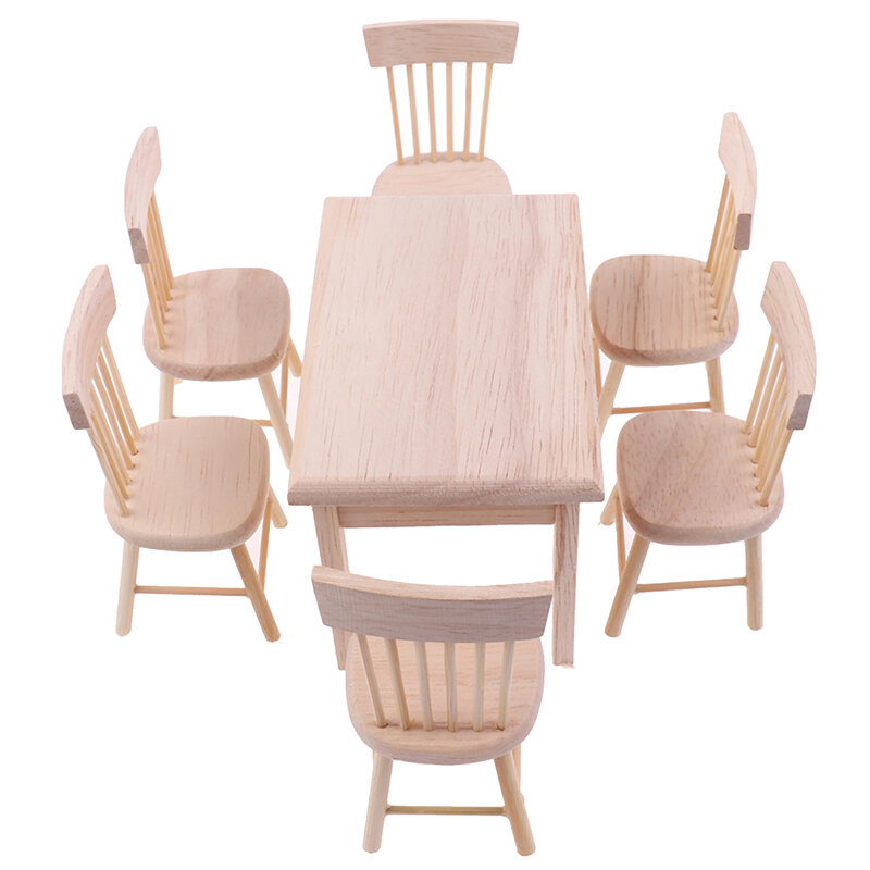 Muebles en miniatura para casa de muñecas, mesa de comedor de madera con 6 sillas, juego de modelos, accesorios para habitación, 1:12