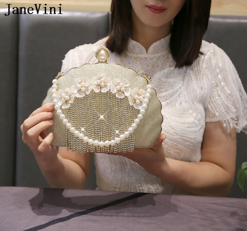JaneVini luksusowy projektant torba wieczorowa Monedero błyszczące zroszony perła kwiaty panna młoda torebka Messenger torby damskie kopertówka