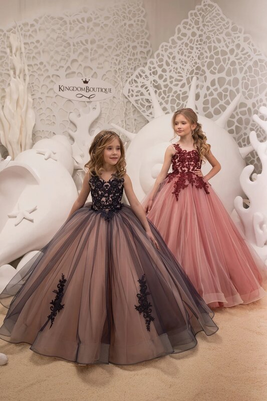 FATAPAESE-블랙 레이스 튤 공식적인 꽃의 소녀 드레스, 어린이를 위한 특별한 날 들러리 파티 결혼식 선발 대회 생일 크리스마스