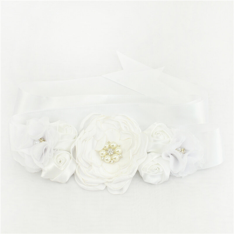 Womens Elegant Satin Flower Sash Handmade Beaded Waistband Bridal Ribbon Cummerbunds Wedding Dress Waist Belt