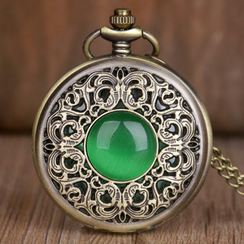 Antique Emerald Quartz Pocket Watch Vintage Bronze Pendant 80CM Necklace Fob Watch Gifts Clock