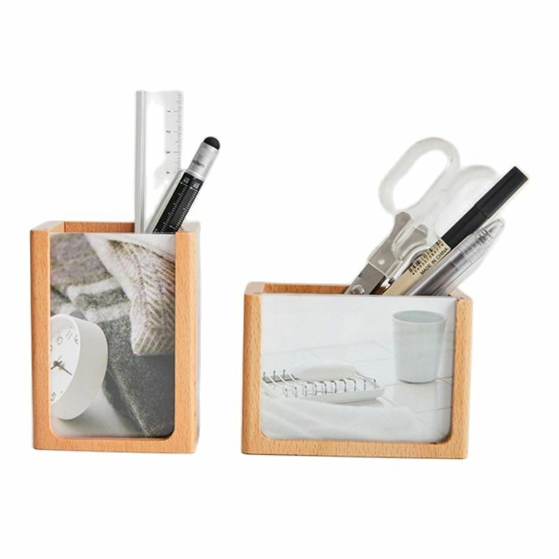 Porte-stylo en bois avec cadre photo, bureau, évaluation, hêtre, fait main, crayon, porte-cosmétiques