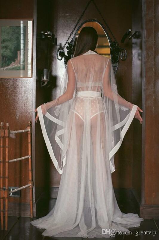 Long Women Lace Wedding Robes See Through Long Sleeve Lingerie Sleepwear Bridesmaid Nightgown Bathrobes Sexy Lingerie Nightwear