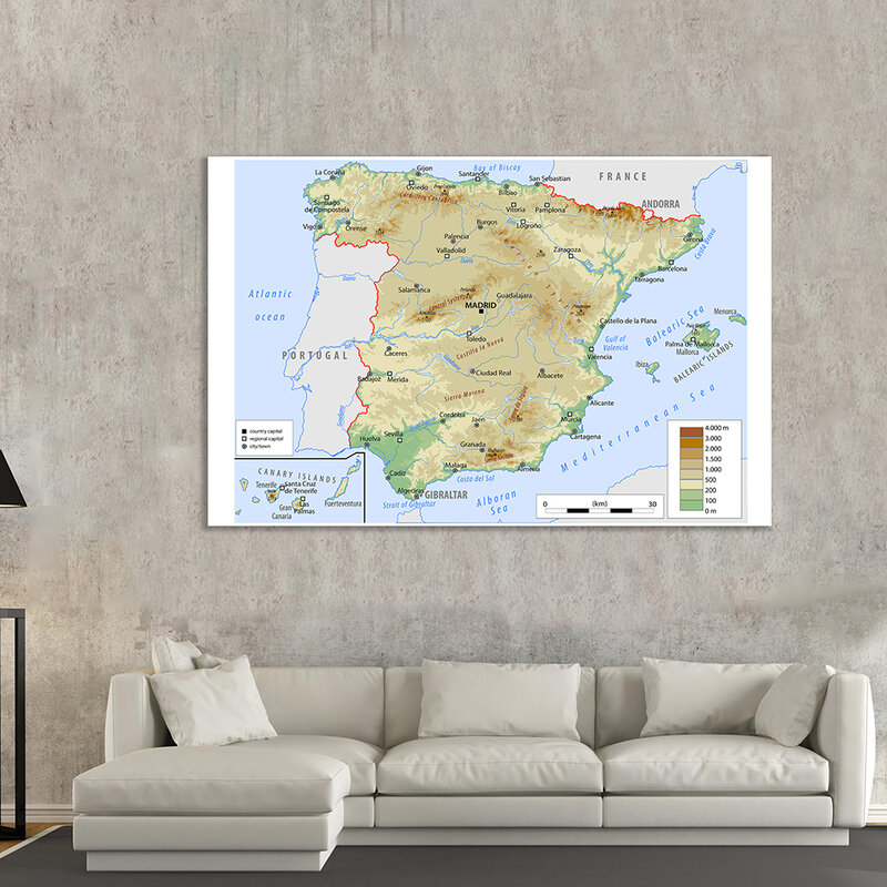 150*100 Cm Bản Đồ Của Tây Ban Nha Địa Hình Không Dệt Tranh Canvas Trang Treo Tường Đồ Dùng Học Tập Tại Nhà trang Trí