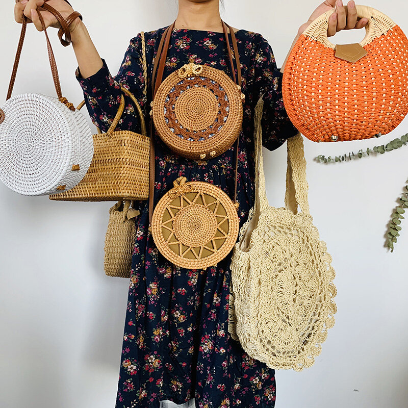 Женская плетеная Сумка через плечо, круглая пляжная сумка ручной работы из ротанга в богемном стиле, лето 2024