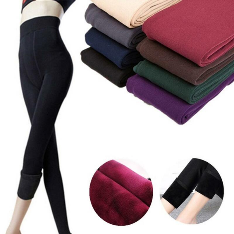 Mallas gruesas de Color sólido para mujer, pantalones elásticos ajustados y cálidos, medias sin pies, pantalones largos de cachemira y forro polar