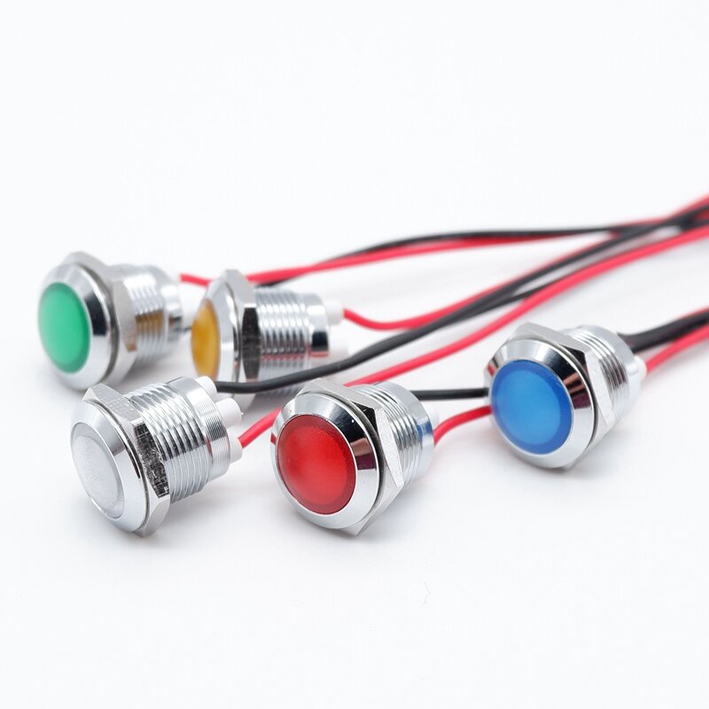 12มม.กันน้ำ LED ไฟเตือนไฟสัญญาณนำร่องสัญญาณโคมไฟ IP66 3V 5V 6V 9V 12V 24V 220V สีแดงสีเหลืองสีฟ้าสีเขียวสีขาว