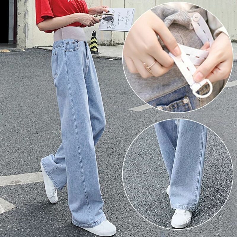 Celana Jeans Kaki Lebar Longgar Musim Gugur Celana Panjang untuk Wanita Hamil Pakaian Vintage Celana Denim Pinggang Tinggi Kehamilan