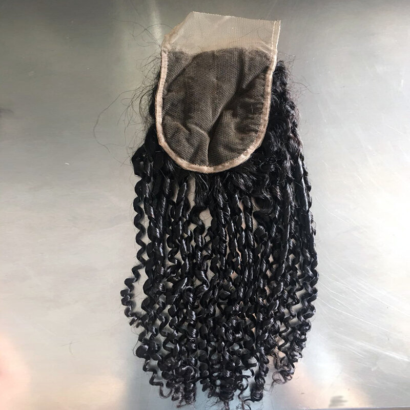 Rizos de pelo humano Pixie con cierre de 130% de densidad, cabello Remy brasileño 4x4, encaje suizo, extensiones de cabello humano de 6 a 18 pulgadas