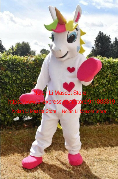 Anime unicórnio mascote traje, passarela mágica, promoção do palco, presente de festa de aniversário, desenhos animados, rosa, branco, arco-íris, 1044, venda quente