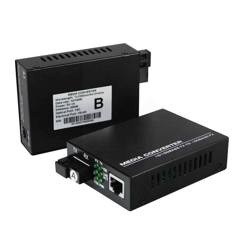 Convertitore multimediale 10/100M fibra singola 1310 1550NM 20KM con 1 * SC 1 * convertitore fibra porta RJ45 1 paio