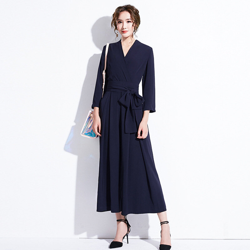 Celana Kodok untuk Wanita 2019 Musim Gugur Korea Wanita Kantor Elegan Sifon OL V Leher Lengan Panjang Lebar Kaki Overall Hitam DD2366