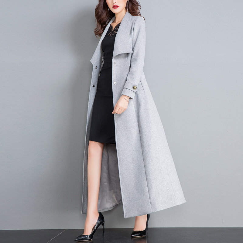 Abrigo largo de lana con cinturón para mujer, chaqueta de Color sólido, manga larga, prendas de vestir exteriores Vintage para oficina, abrigo de hombro caído, 2021