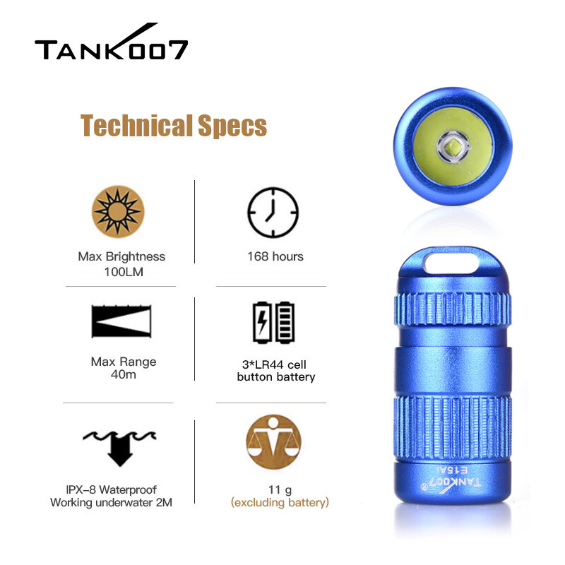 Tank007 e15-屋外LEDミニ懐中電灯,3W,100ルーメン,キーチェーン,防水ボタン,軽量ポータブルバッテリー