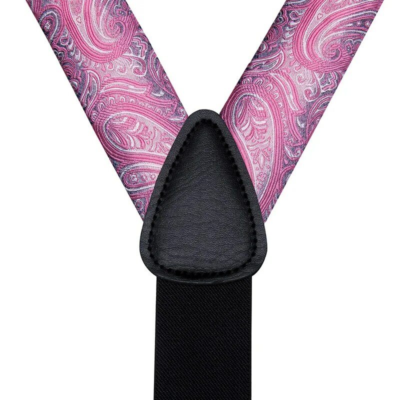 Luxury 100% ผ้าไหมบุรุษ Suspenders ชุด6คลิป Vintage Braces สำหรับชายสีชมพูสีม่วง Paisley ดอกไม้ Suspender Bow Tie Hanky cufflinks