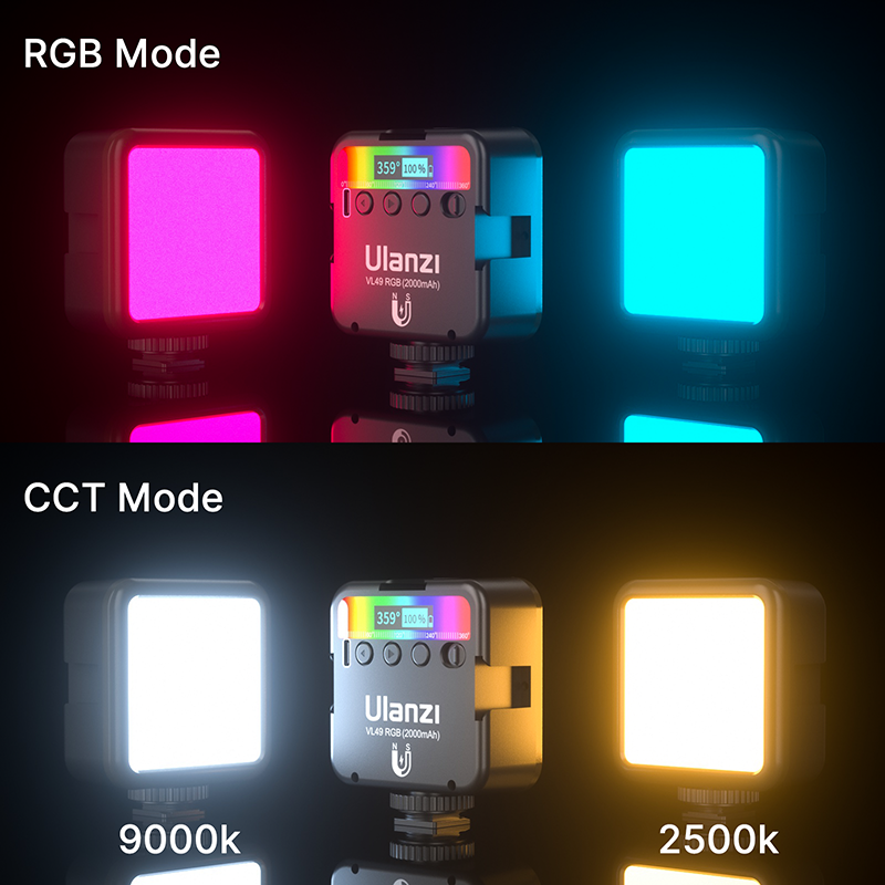 Ulanzi-VL49 Luz de Vídeo LED RGB Full Color, 2500K-9000K, 800LUX, Estender Mini Luz de Preenchimento Magnética, 3 Sapato Cold, 2000mAh, Porta Tipo-C