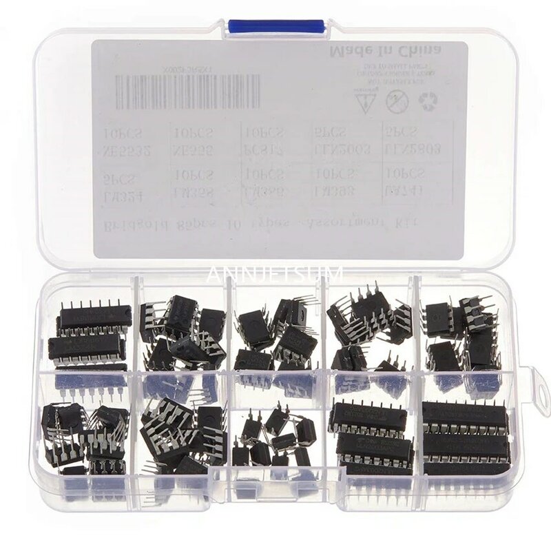 85pcs 10Types Integrated Circuit chip Assortment Kit,opamp,Single Precision Timer,pwm,Including:LM324 LM358 LM386 LM393 UA741..