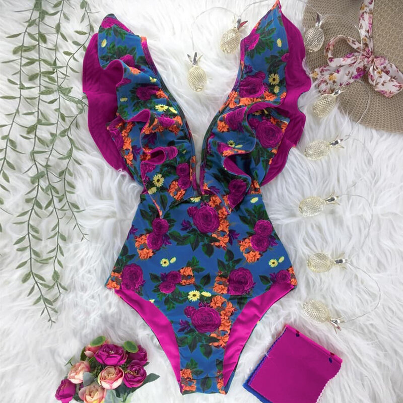 2023 New Sexy Ruffle Print Floral One Piece Swimsuit Off The Shoulder Swimwear Women Solid Deep-V Beachwear Bathing Suit Monkini
