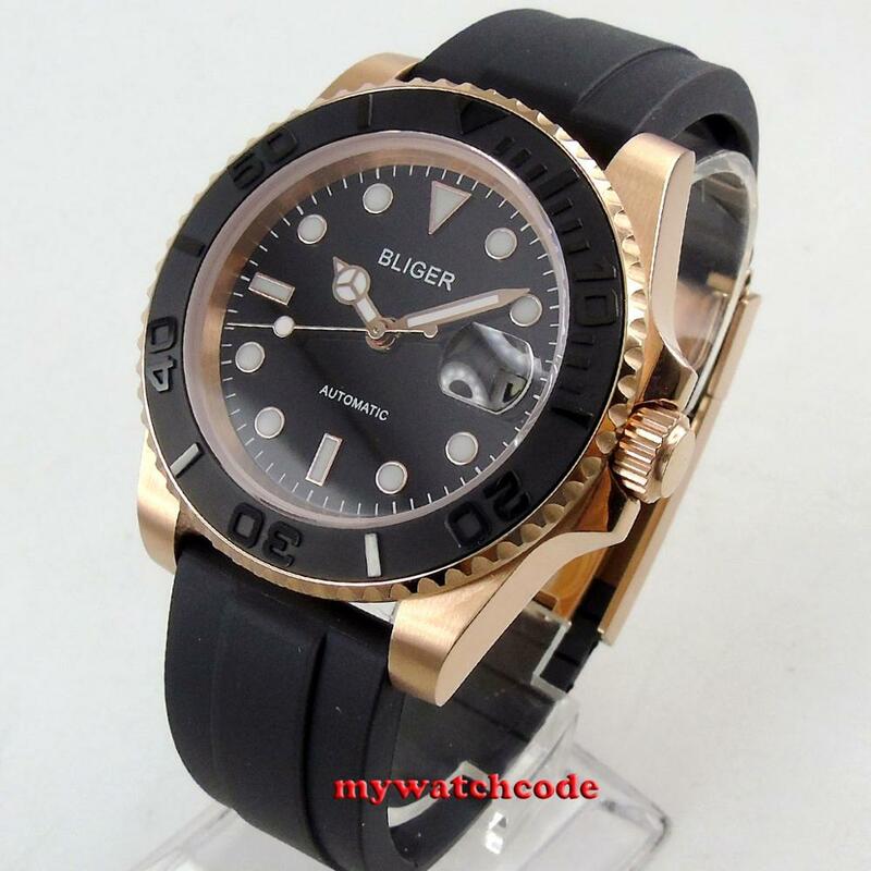 Стерильные механические мужские часы NH35 PT5000 MIYOTA, розовое золото, плоская резиновая лента, складная застежка, календарь, деловые часы 40 мм