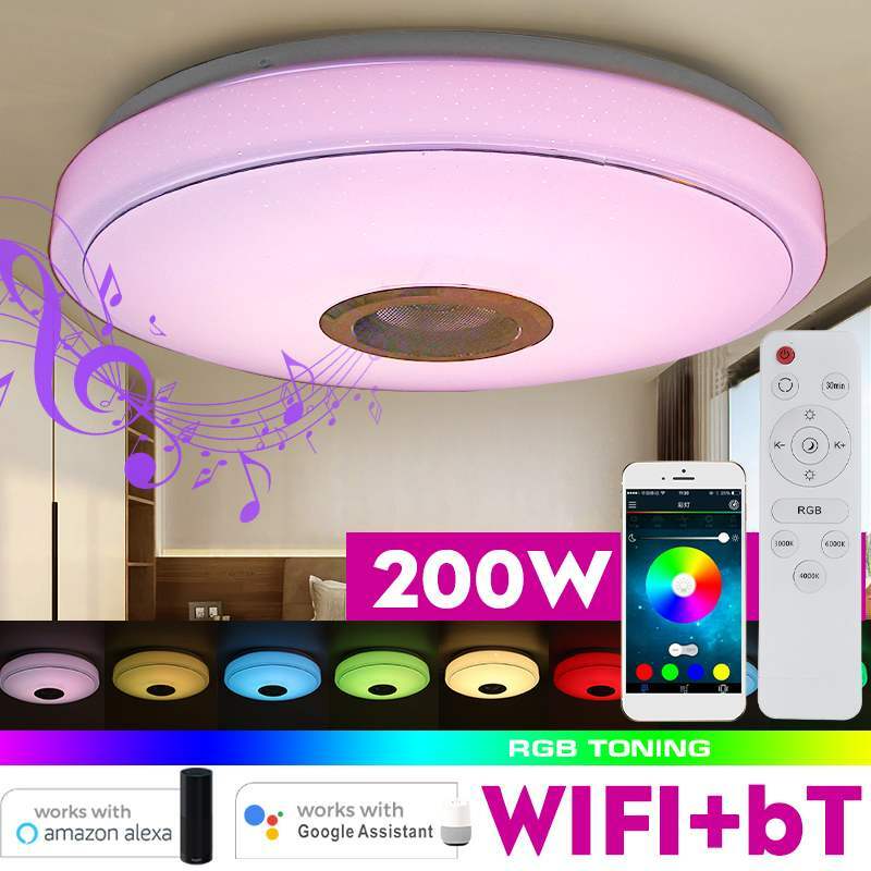モダンなRGB LEDシーリングランプ,200W,Wi-Fi,Bluetooth,モバイルアプリケーション,音楽,寝室,リモコン付きインテリジェントシーリングライト