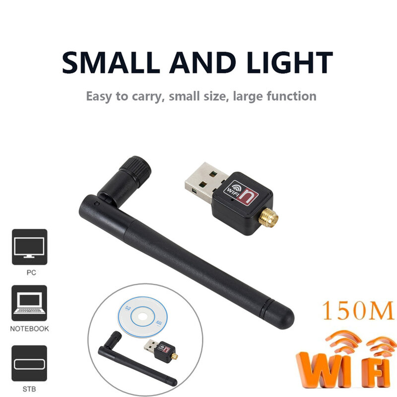 Mini Adaptador USB WiFi Placa de Rede, 150 Mbps, 2DBi, PC, Antena, Dongle, 2.4G, Ethernet, Receptor WiFi