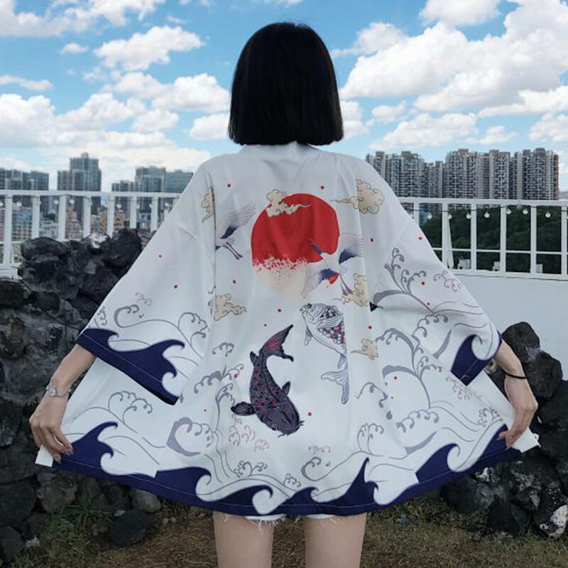 Kimono Japonais Traditionnel pour Femme, Vêtement avec Grue, Carpe, Anime, Chemises Habillées, Samouraï Haori zones bre, Cardigan MiMan