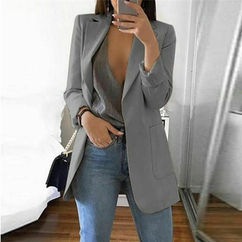 Blazer casual feminino com manga longa, casaco feminino com gola v, blusa, uso externo, 1 peça bolso grande