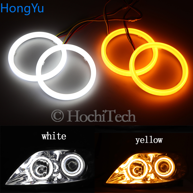 LEDสีขาวและสีเหลืองAngel Eye Haloแหวน60มม.70มม.80มม.90มม.100มม.110มม.120มม.อัตโนมัติDRLดวงตาไฟเลี้ยว