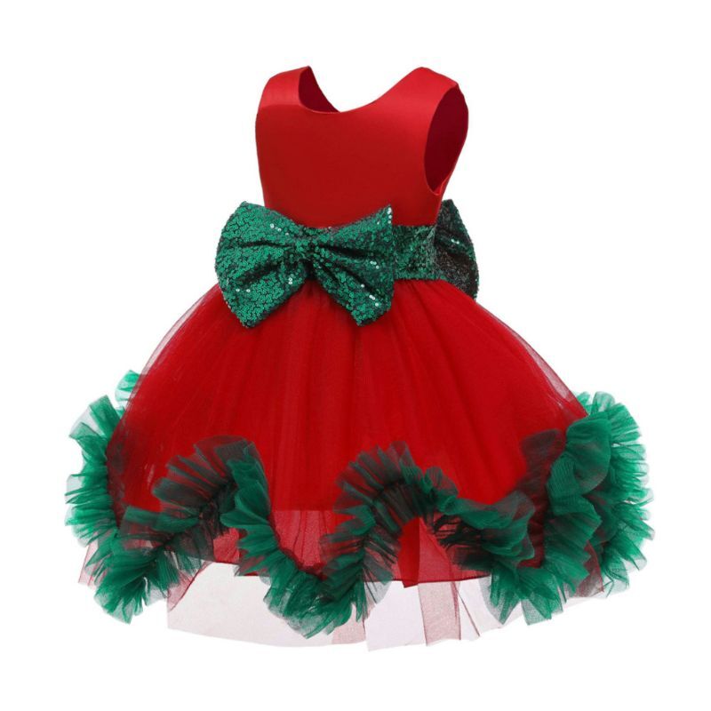 Рождественское фатиновое платье без рукавов с оборками и блестками и бантом для маленьких девочек 40JF