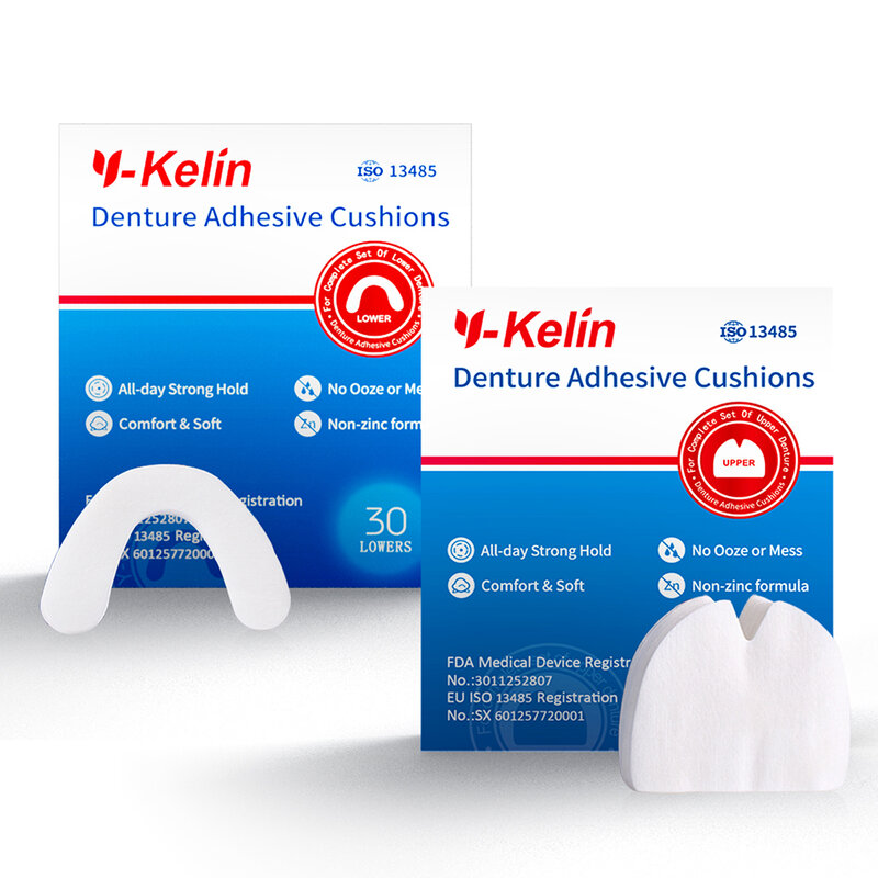 Cojín adhesivo para dentadura y-kelin (superior), 30 almohadillas + Unión Reforzada (inferior) para pacientes con encías sensibles