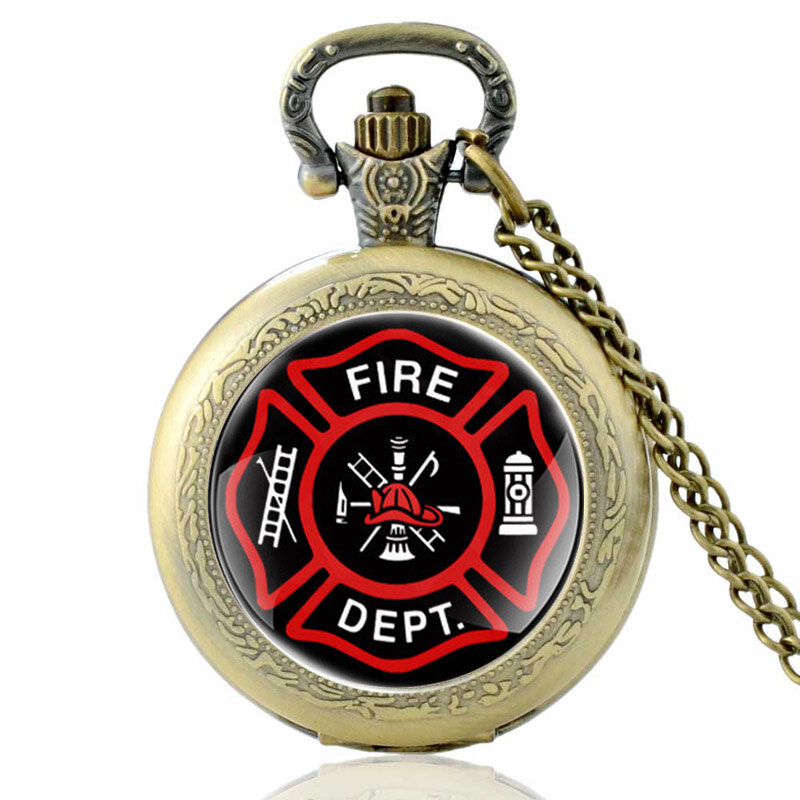 Classic Vintage Fire Brigade Glass Cabochon Quartz Pocket Watch Retro Men Women Pendant Necklace Chain Hours Clock Gifts