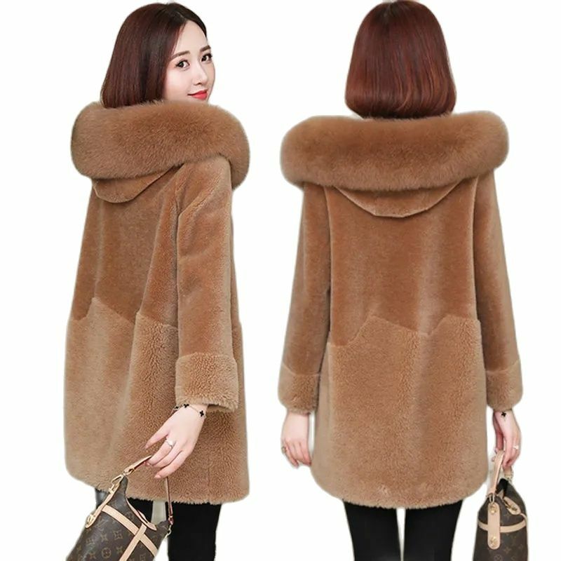 Mantel Panjang Menengah Wanita Korea Longgar Jaket Geser Domba Mewah Menebal 2021 Musim Gugur dan Musim Dingin Bulu Domba Palsu M293
