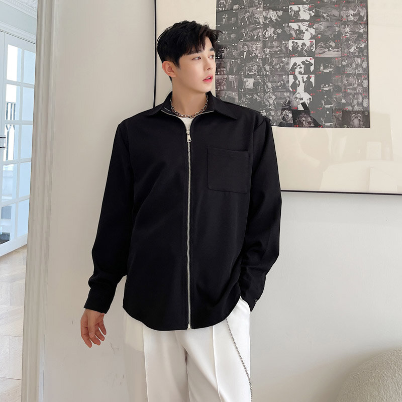 세련된 한국 패션 캐주얼 지퍼 셔츠 카디건 남성용, 스트리트웨어 트렌드 빈티지 셔츠 코트 상의