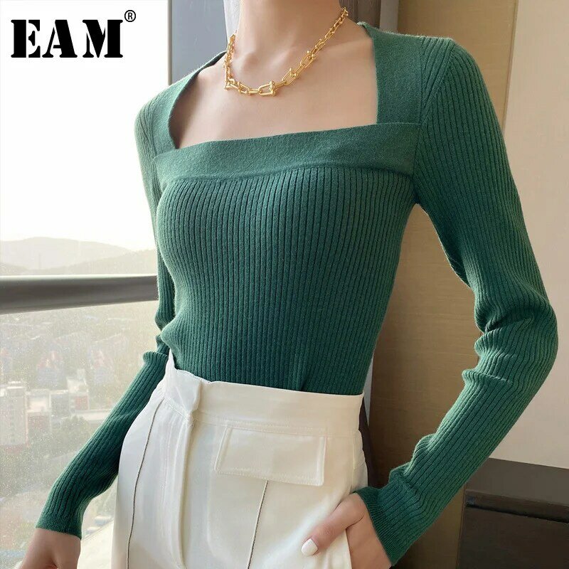 [EAM] Зеленый короткий вязаный свитер, свободный крой, квадратный воротник, длинный рукав, женские пуловеры, новая мода, Осень-зима 2020 1Y579