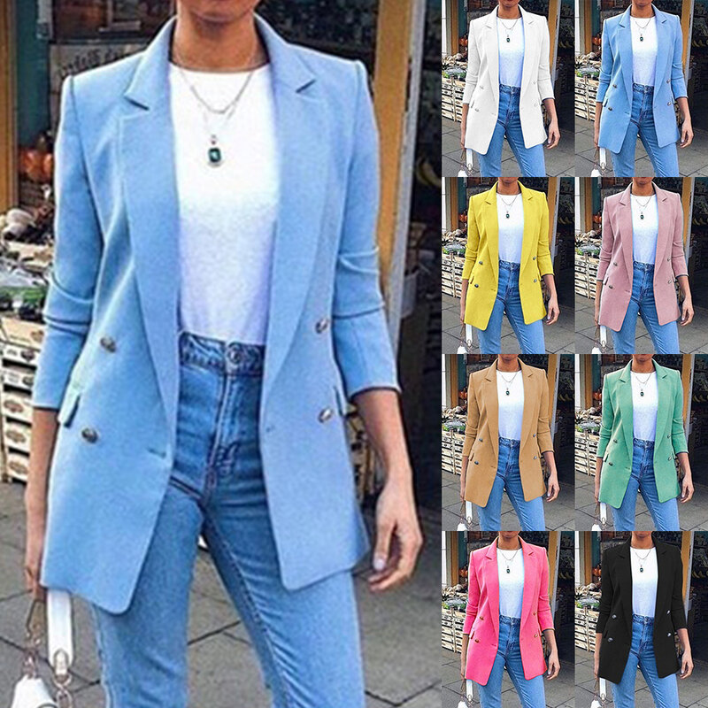 2019 Повседневный блейзер для женщин, модный однотонный пиджак с пуговицами, пальто для офиса, женское приталенное пальто с воротником, верхн...