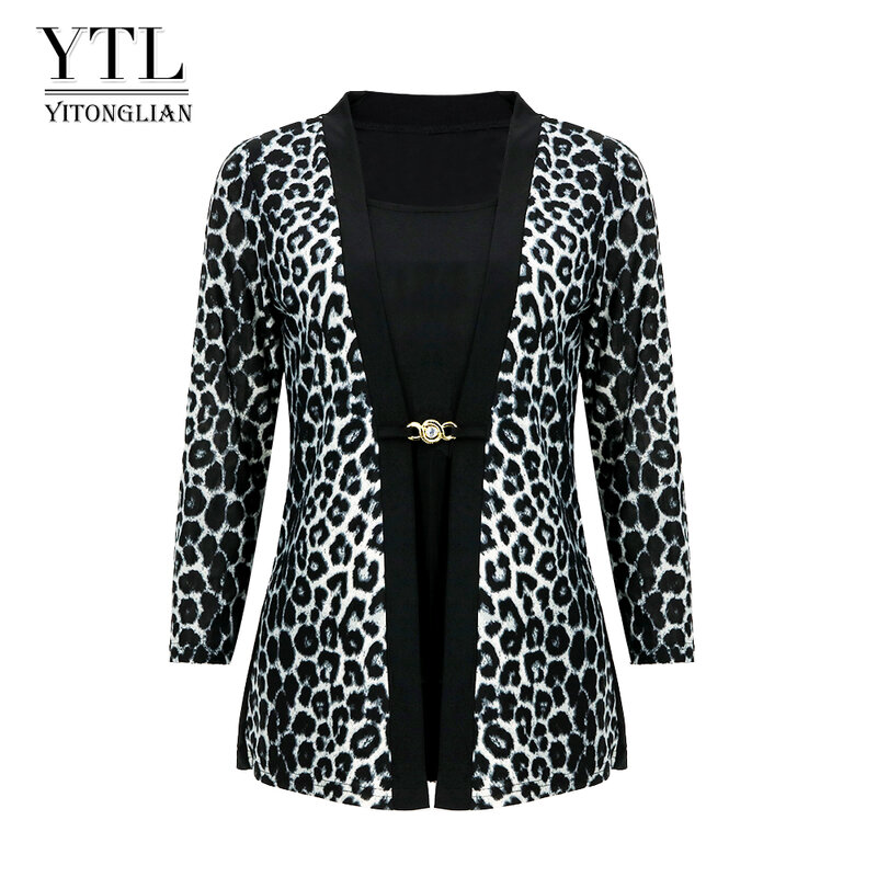 YTL-Chic Leopard Blusa Feminina, Patchwork Slim, Manga Comprida, Túnica Tops Plus Size, Moda para Trabalho, Outono, Primavera, H414