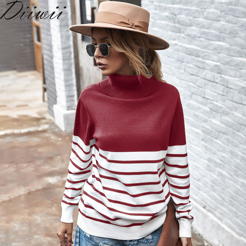 Diiwii New Style Autumn Winter Pullover Office High Neck Striped Long-Sleeved Sweater Blouse Korean Casual Slim  Women Wear