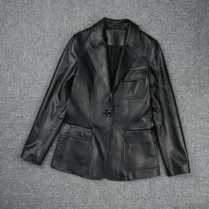 Abrigo ajustado de piel auténtica para mujer, traje con botones, color negro, novedad de fábrica