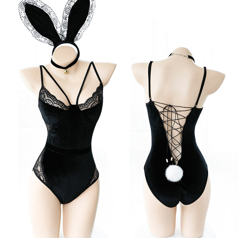 Combinaison en velours noir Sexy pour femmes, tenue de lapin en dentelle, dos nu, tenue dissimulée, fichier ouvert, body