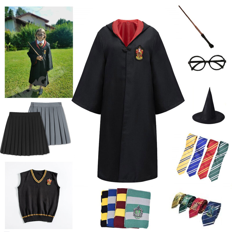 Cosplay traje haloween trajes magia robe cabo terno gravata cachecol camisola hermione saia varinha óculos presente cosplay