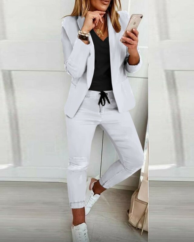 Women's Suit 2-piece Jacket + Pants 2022 Spring and Autumn Fashion Casual Turn-down Collar Office Lady Long Sleeve Blazer Sets