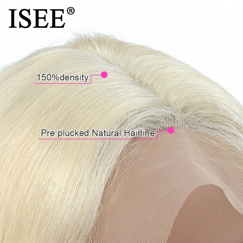 Perruque Lisse Blonde, Cheveux Brésiliens en Couleur 613, Dentelle Frontale 13x4 en 150% Densité ISEE HAIR Pour Femmes