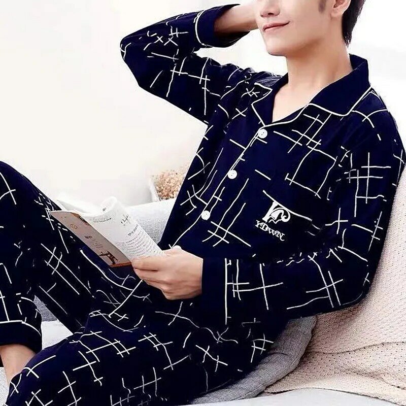 Men's Pajama Sets Simple Sleepwear Long Sleeve Cotton Top Pant Leisure Outwear Soft Autumn Winter Plus Size Loungewear