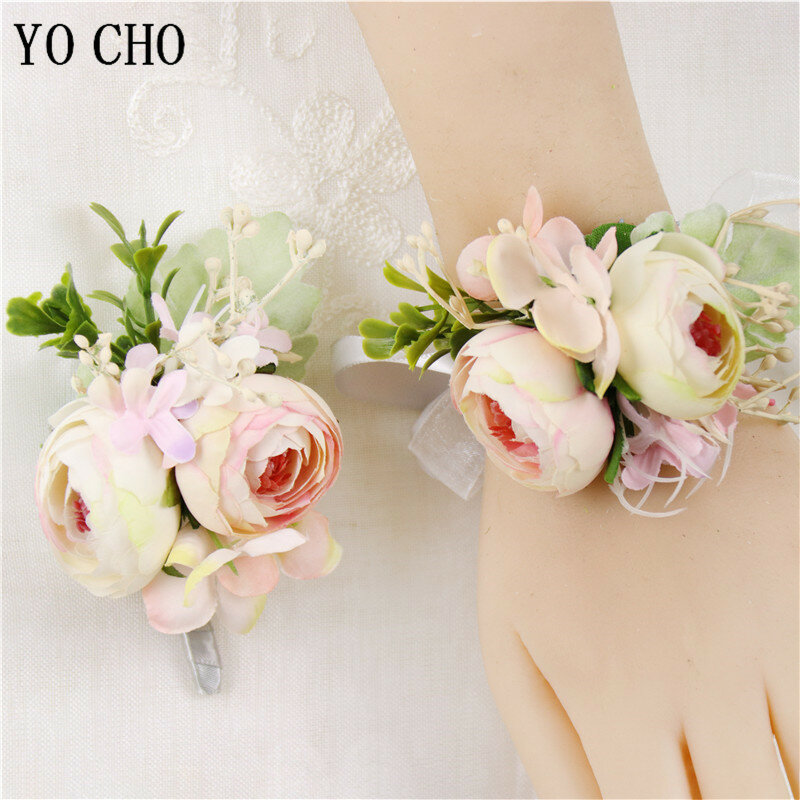 YO CHO искусственный шелк розы цветы жених бутоньерка подружки невесты на запястье корсаж девушка браслет Свадебная вечеринка цветы бутоньерки