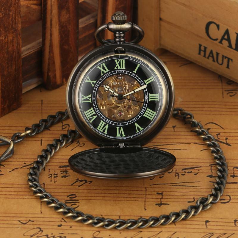 Brązowy Luminous cyframi rzymskimi Dial Unisex automatyczny mechaniczne zegarki kieszonkowe łańcuszek z wisiorem szkielet zegar pełny Hunter prezent