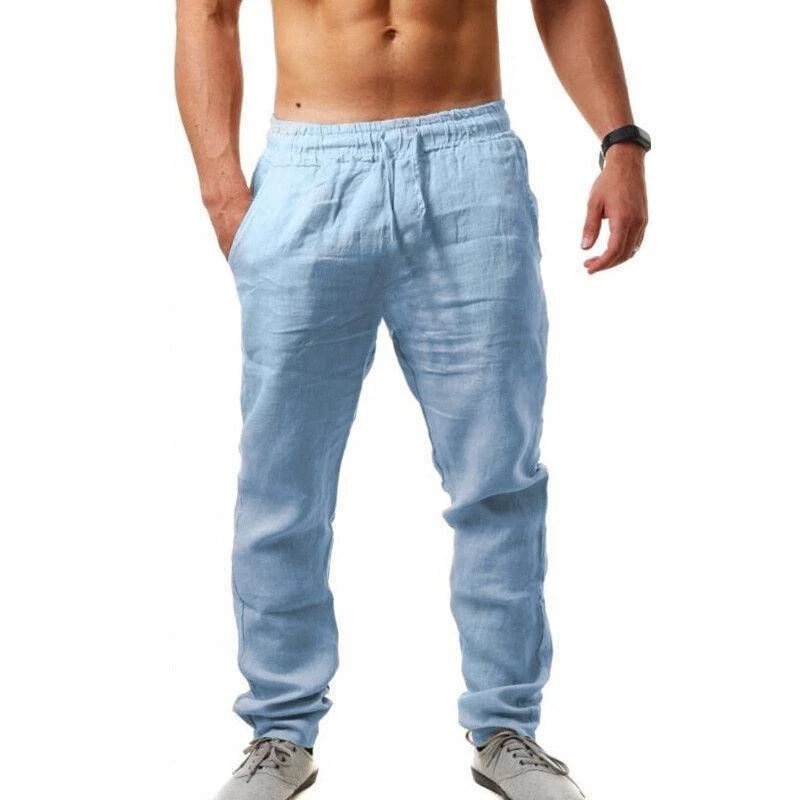 Men's Cotton Linen Long Pants Summer Solid Color Breathable Linen Trousers Male Casual Elastic Waist Casual Pants Harajuku Trous